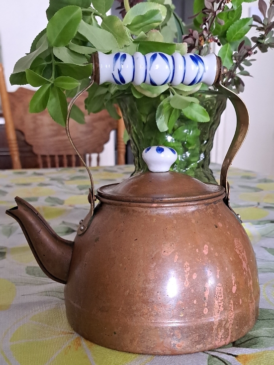None Other - Antique Copper Teakettle with Blue-Trim Porcelain Handle